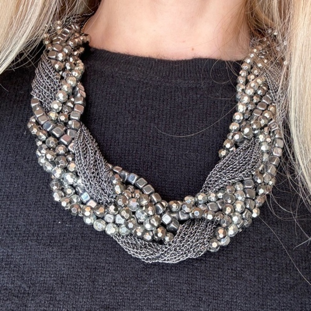 Multi Chain Gunmetal Silver Braided Necklace